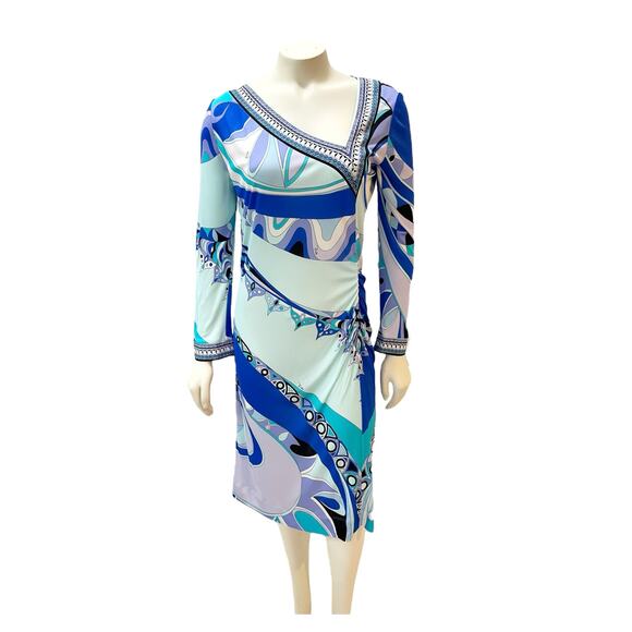Emilio Pucci Printed Jersey Silk Knee Length Dress Blue Purple Sz 12 - Picture 2 of 13